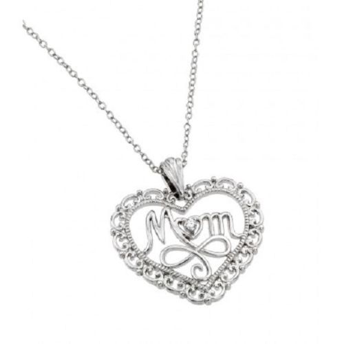925 Sterling Silver Rhodium Plated Open Heart Mom Pendant Necklace