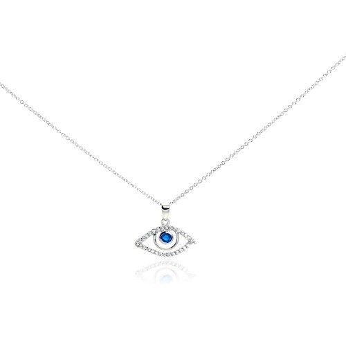 925 Sterling Silver Rhodium Plated Clear CZ Evil Eye Pendant Necklace