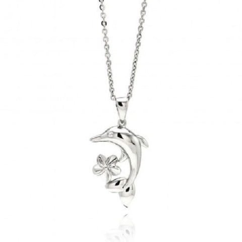 Rhodium Plated Brass Dolphin Flower Clear CZ Pendant Necklace