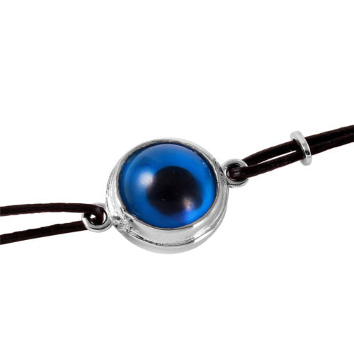 925 Sterling Silver Round Evil Eye Leather Strap Bracelet