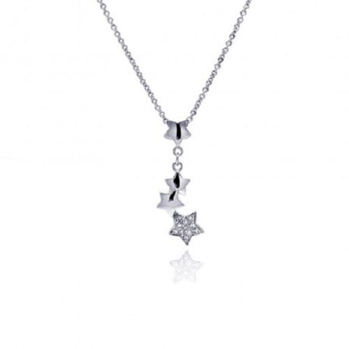 925 Sterling Silver Rhodium Plated Brass Clear CZ Hanging Stars Pendant Necklace