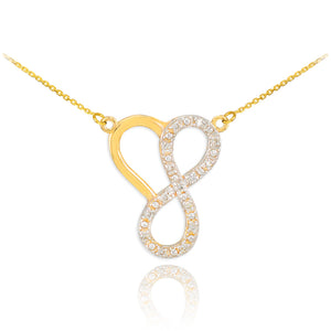 14K Solid Gold Infinity Heart Diamond Pendant Necklace - Yellow, Rose, or White