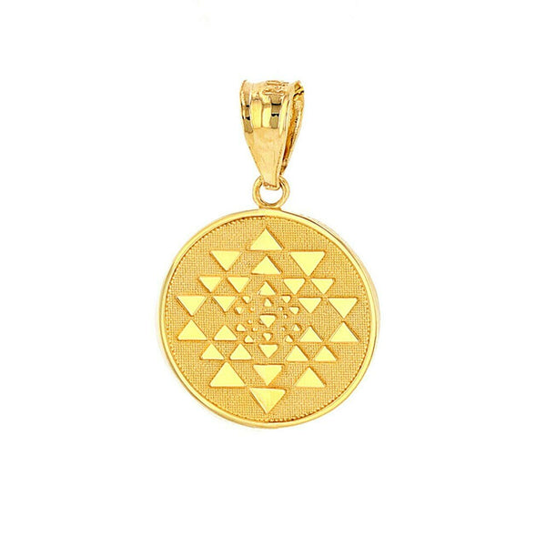 10K Solid Yellow Gold Yantra Tantric Indian Yoga Disc Circle Pendant Necklace