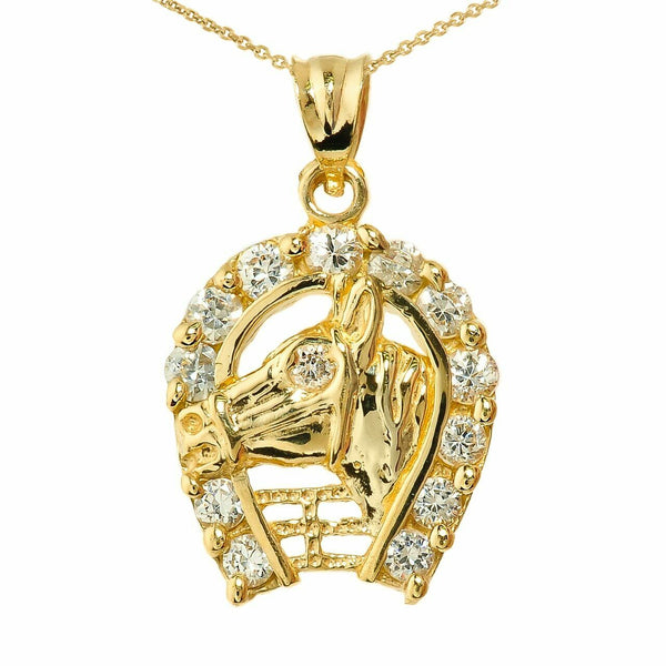 10K Solid Yellow Gold CZ Horseshoe with Horse Head Charm Pendant Necklace