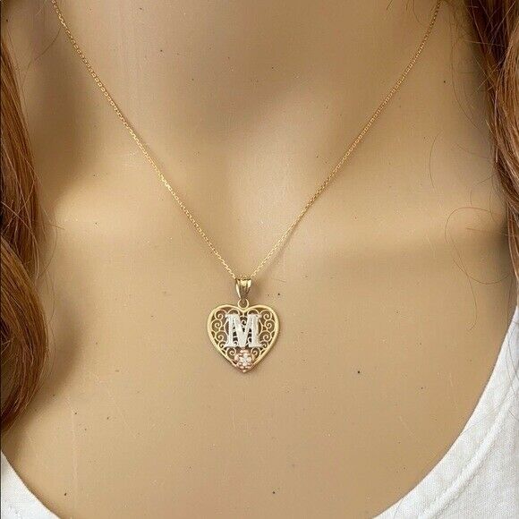 10k Solid Gold Initial Letter C Heart Filigree CZ Pendant Necklace