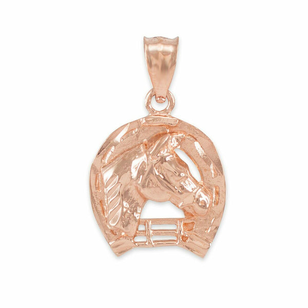 14k Solid Rose Gold Horseshoe with Horse Head Pendant Necklace Luck