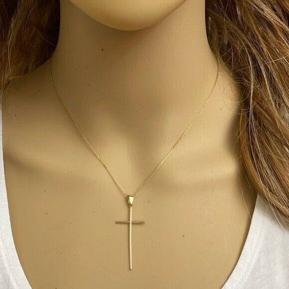 14k Solid Real White Gold Dainty Thin Simple Long Cross Pendant Necklace