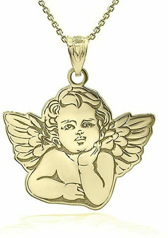 Personalized Name 10k 14k Solid Gold Cherub Guardian Angel Pendant Necklace