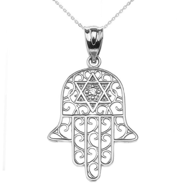 14k Solid White Gold Hamsa Hand With Diamond Star Of David Pendant Necklace