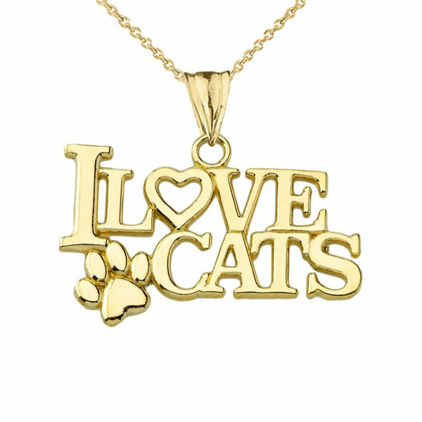 14k Solid Yellow Gold "I Love Cats" Paw Pendant Necklace