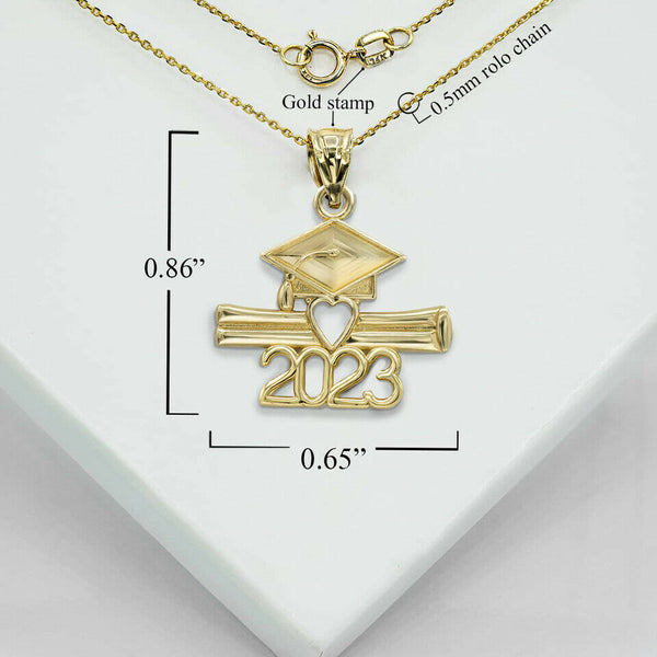10K Solid Gold Class of 2023 Graduatio Cap and Diploma Pendant Necklace