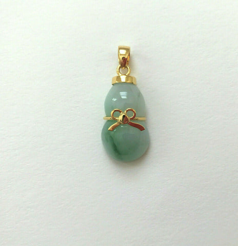 14K Solid Yellow Gold Bottle Gourd Natural Green Genuine Jade Bow pendant