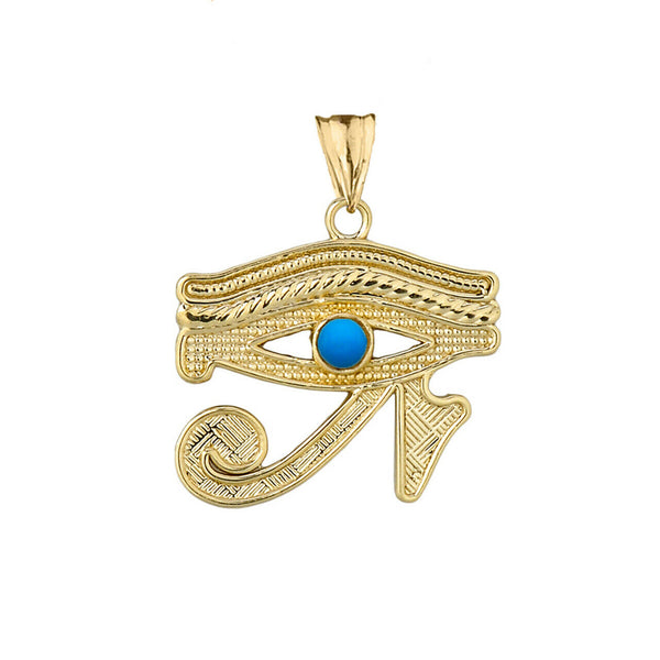 10k Solid Gold Eye of Horus (Ra) with Turquoise Center Stone Pendant Necklace