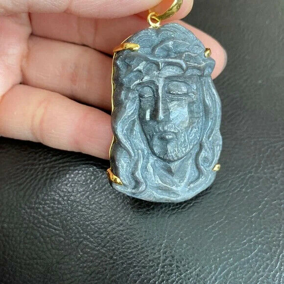 14K Real Solid Gold Natural Sapphire Carved Jesus Christ Head Face Pendant Large
