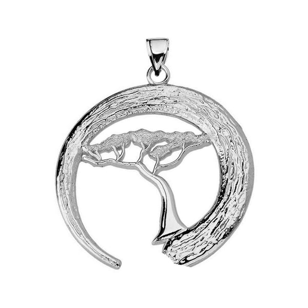 925 Sterling Silver Japanese Buddhist Zen Circle w/ Bonsai Tree Pendant Necklace