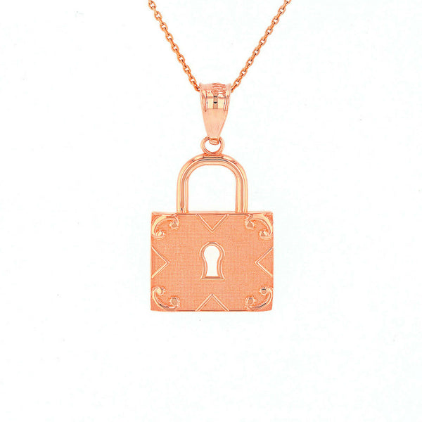 14K Solid Gold Swirl Rectangle Keyhole Padlock Pendant Necklace