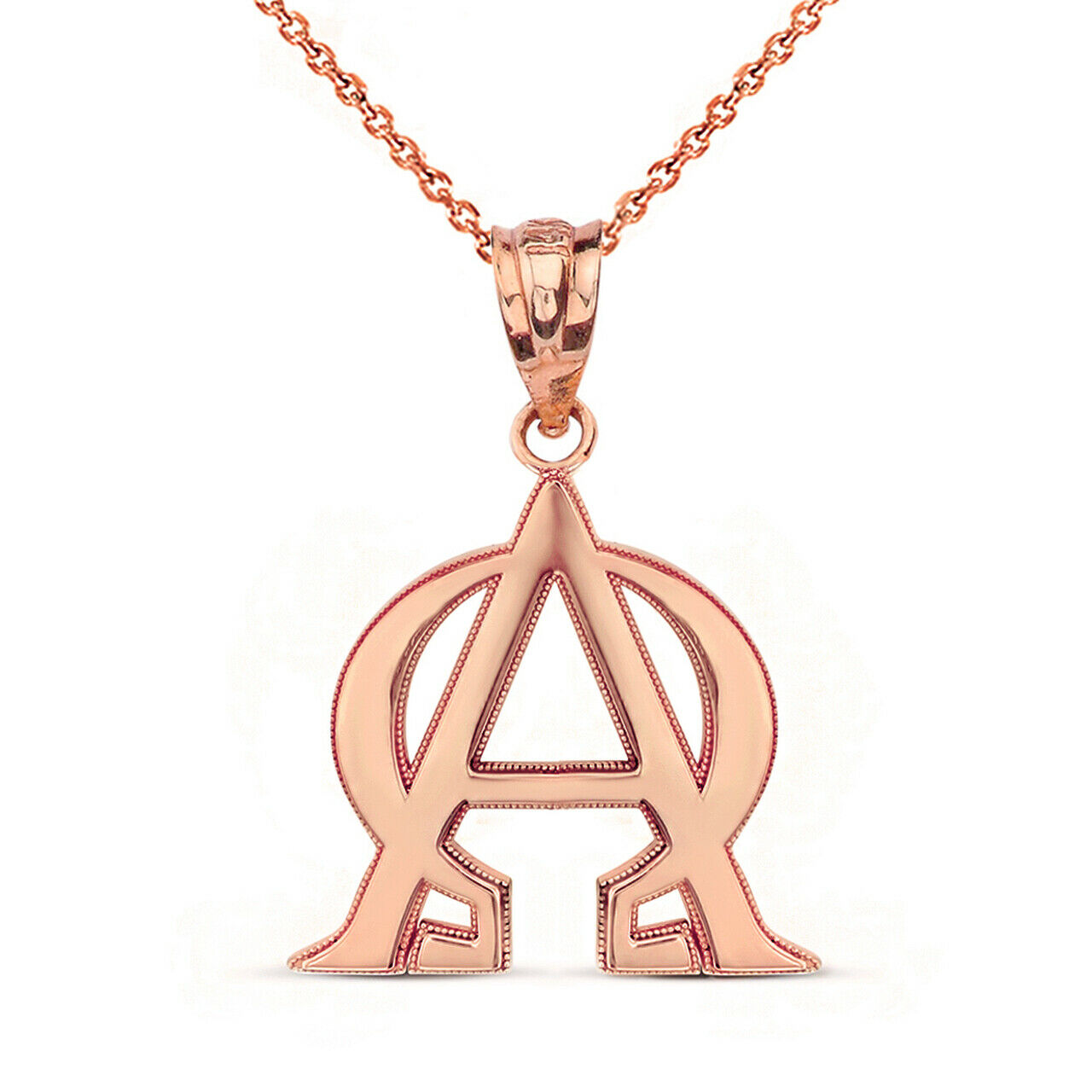 10k Rose Gold Christian Alpha and Omega Jesus Christ Symbol Pendant Necklace