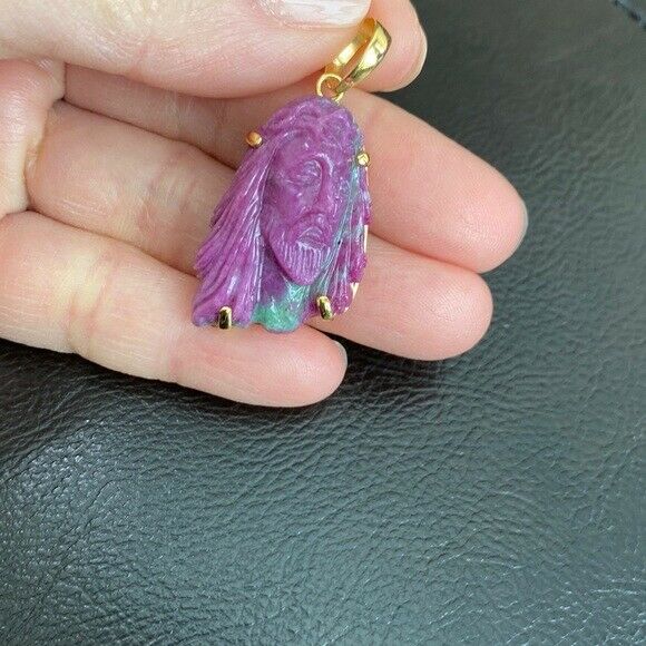 14K Real Solid Gold Natural Ruby Carved Jesus Christ Head Pendant Charm