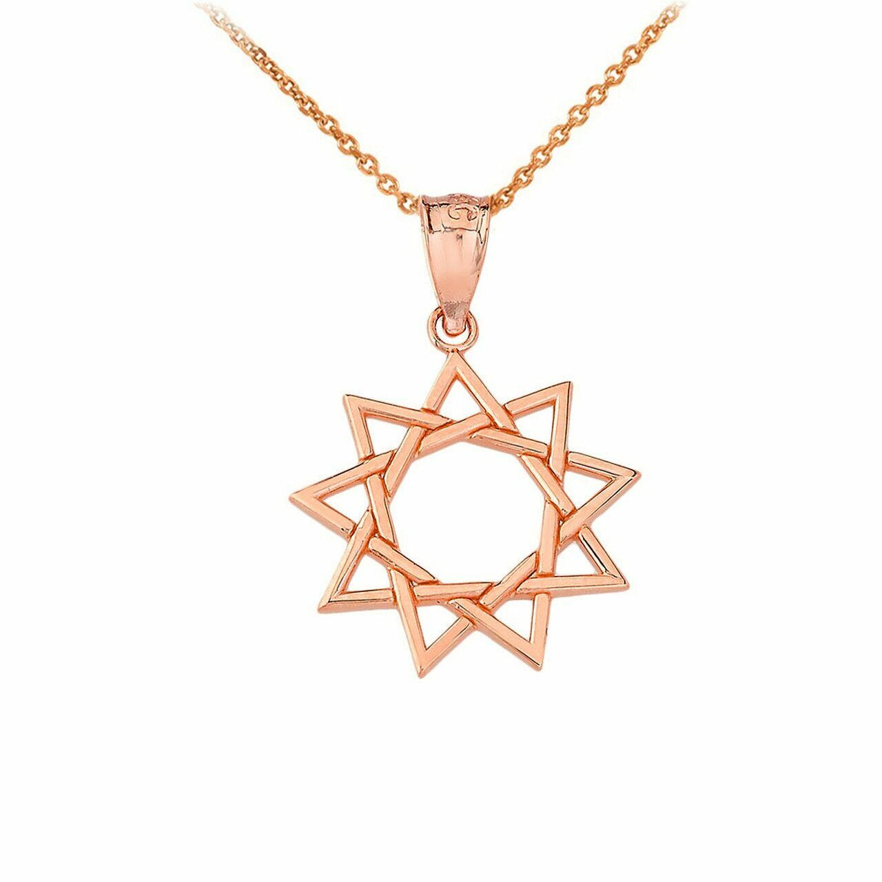 Solid 14k Rose Gold 9 Star Baha'i Sun Openwork Pendant Necklace