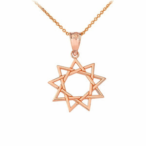 Solid 14k Rose Gold 9 Star Baha'i Sun Openwork Pendant Necklace