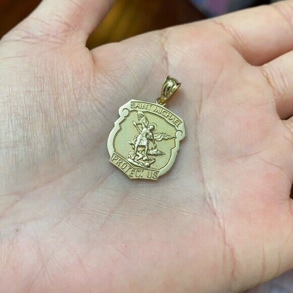 10k Solid Yellow Gold Saint Michael Protect Us Shield Pendant Necklace