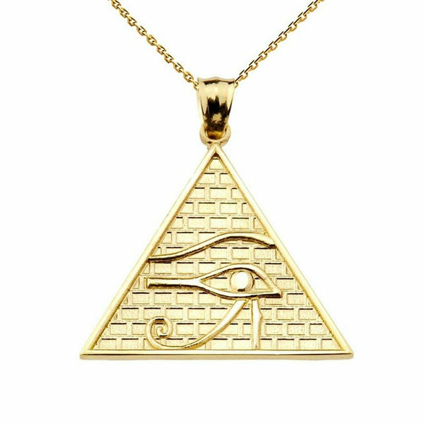 10k Solid Yellow Gold Egyptian Pyramid Eye of Horus Pendant Necklace (13 Steps)