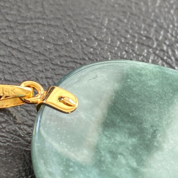 14K Solid Real Gold Carved Dragon Natural Jade Pendant Oval Large Men