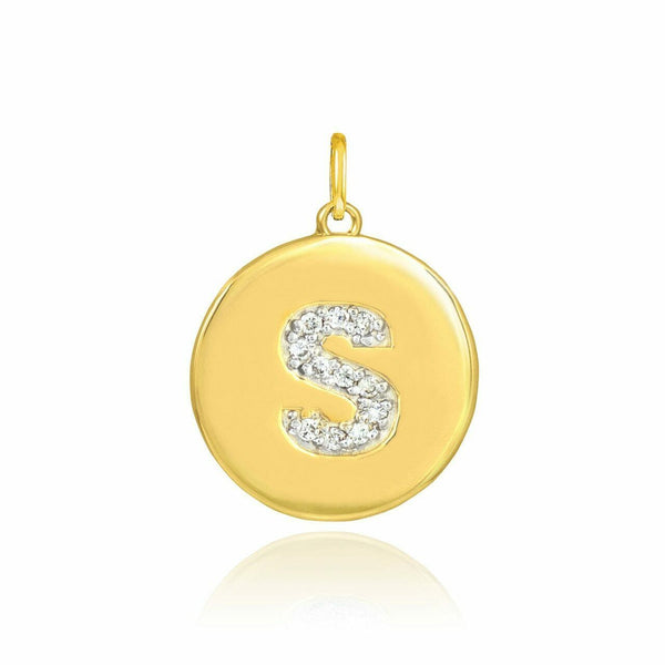 Solid 10k Yellow Gold Letter "S" Initial Diamond Disc Charm Pendant Necklace