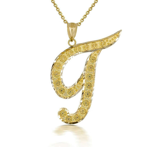 10k Solid Yellow Gold Cursive Initial Letter T Pendant Necklace