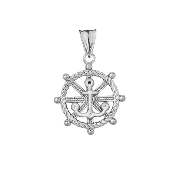 .925 Sterling Silver Anchor with Roped Helm Pendant Necklace