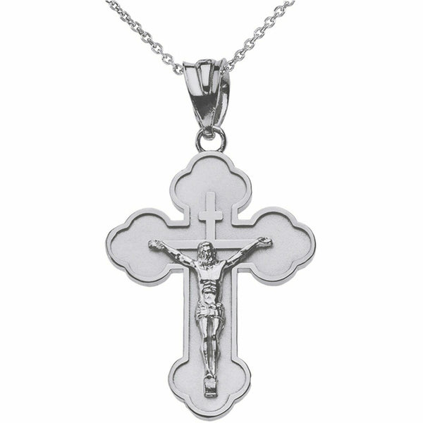 Sterling Silver Double Side Eastern Orthodox Russian Crucifix Pendant Necklace S