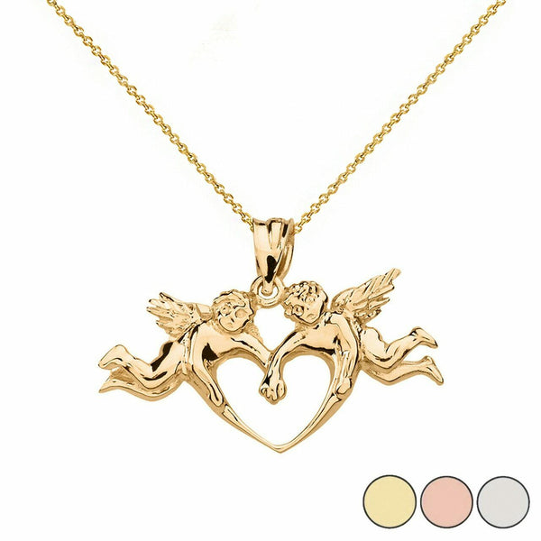 14k Solid Yellow Gold Cherub Loving Angels Love Heart Pendant Necklace