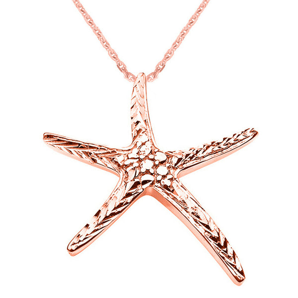 10K Solid Rose Gold Diamond Cut Starfish Star Fish Pendant Necklace