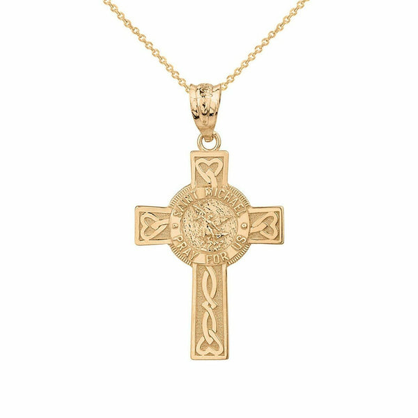 14k Solid Gold St. Saint Michael Pray For Us Celtic Heart Cross Pendant Necklace