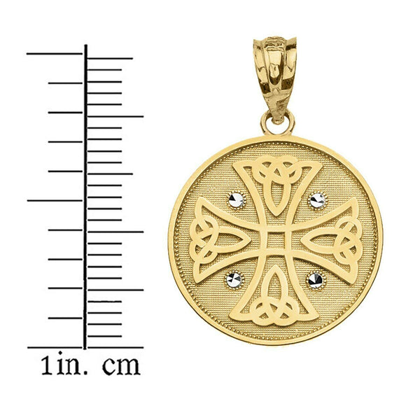 14k Solid Yellow Gold Celtic Knot Cross Disc Medallion Pendant Necklace