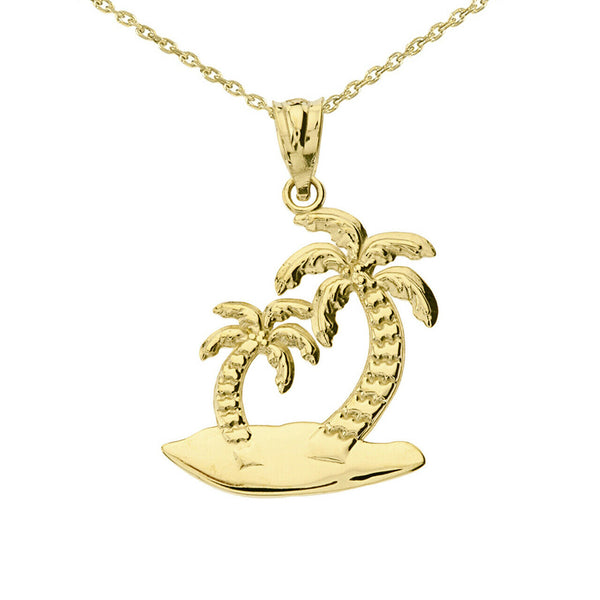 10K Solid Gold Palm Tree Charm Pendant Necklace