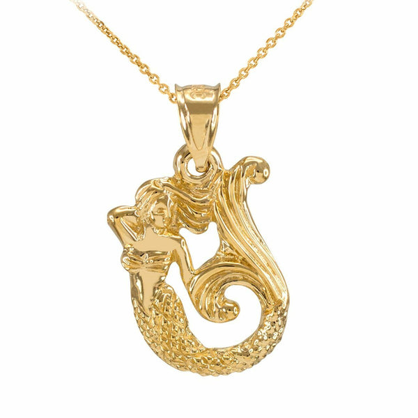 10K Solid Yellow Gold Textured Fairytale Mermaid Pendant Necklace
