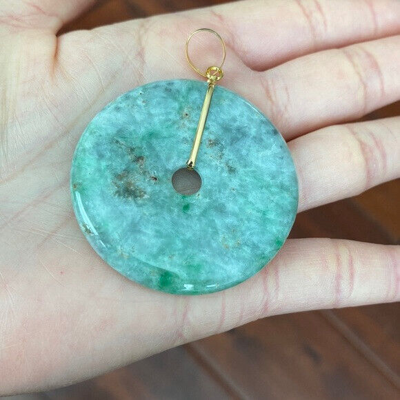 14K Solid Yellow Gold Round Large Donut Natural Jade Pendant Charm Green