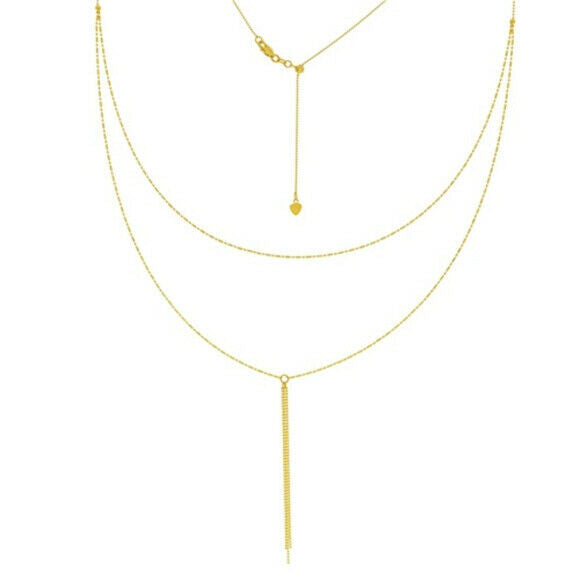 14K Solid Yellow Gold Double Strand Bead Layer Dangle Drop Choker Necklace