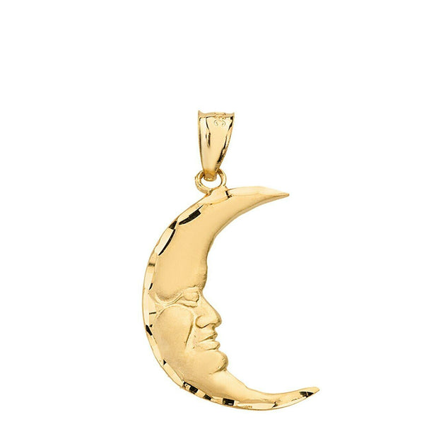 14k Solid Real Yellow Gold Diamond-cut Crescent Moon Face Pendant Necklace