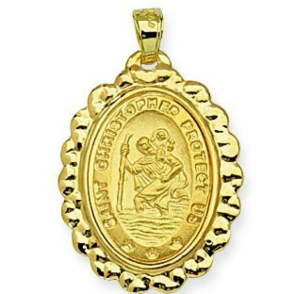 14k Real Yellow Gold Framed Saint St. Christopher Protect us Pendant Charm