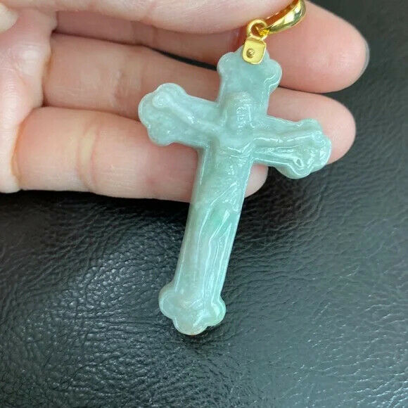 14k Solid Real Yellow Gold Jesus Crucifix Carved Jade A Cross Religious Pendant