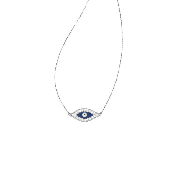 925 Sterling Silver White Gold Plated Evil Eye CZ Necklace - Adjustable 16"-18"