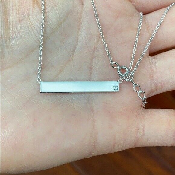 925 Sterling Silver White Gold Plated Bar Plate Geometric Diamond Necklace