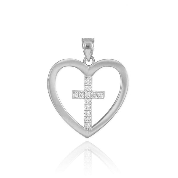 14k Solid White Gold Open Heart 12 Diamonds Cross Enclosure Pendant Necklace