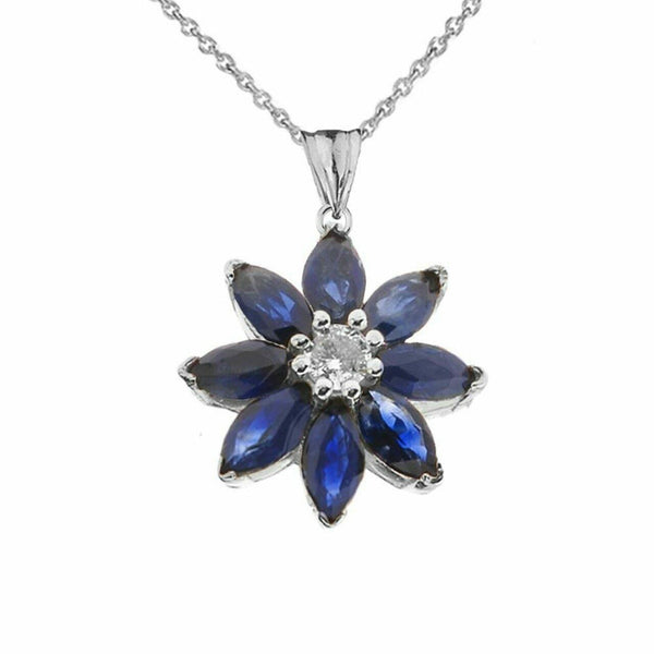Solid 10k White Gold Genuine Sapphire and Diamond Daisy Pendant Necklace