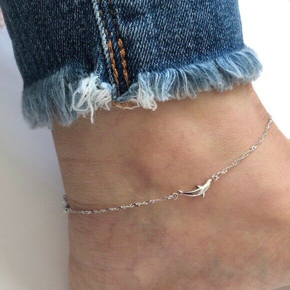 14K Solid Gold Dolphin Ankle Bracelet Anklet - White 9"-10" Adjustable