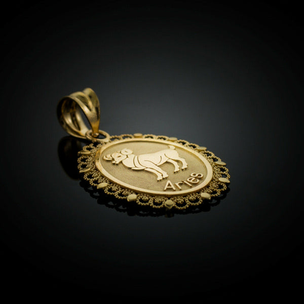 10k Solid Gold Aries Zodiac Sign Filigree Oval Pendant Necklace