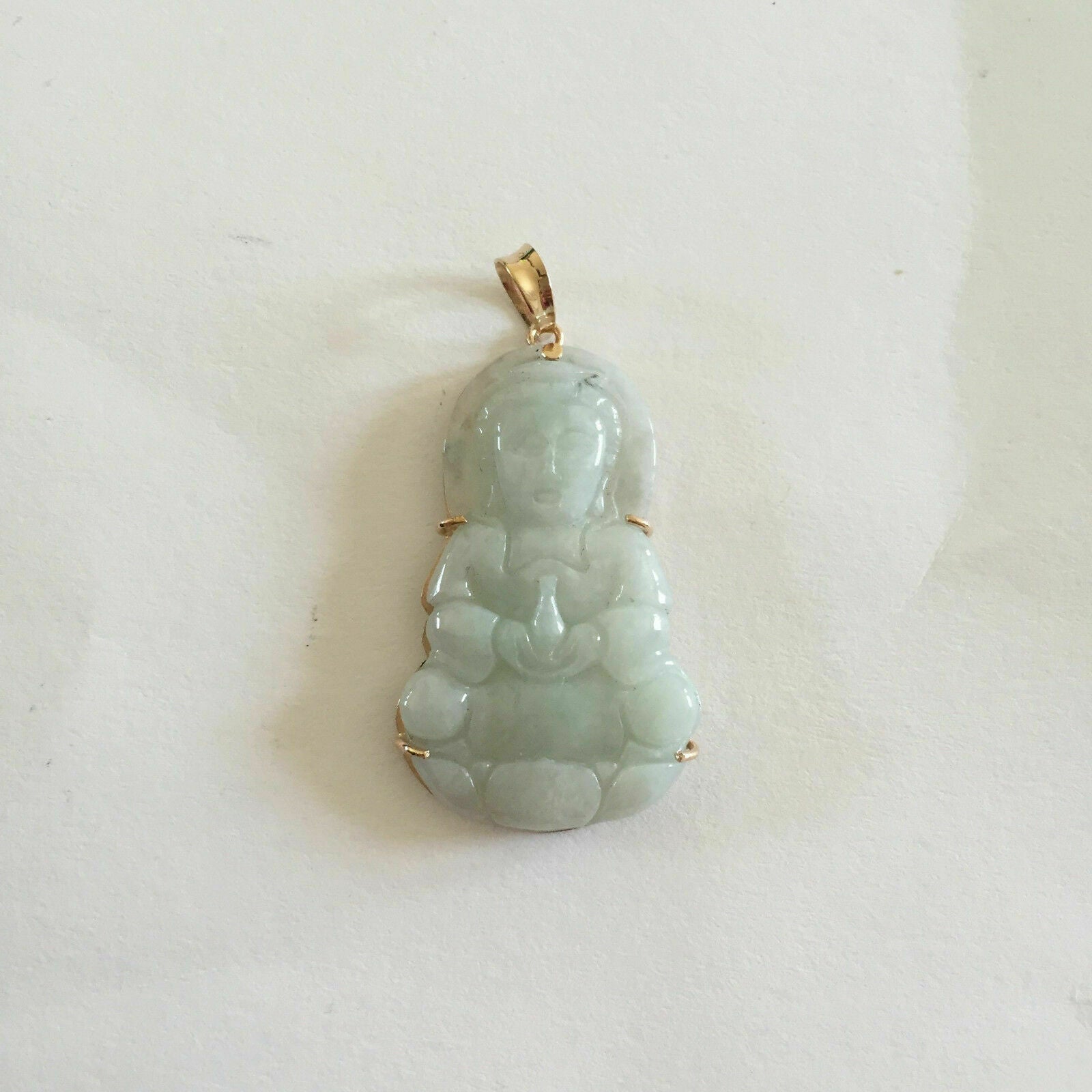 18K Solid Gold Female Buddha Quan/Kwan Yin Natural Jade Pendant Charm Carved