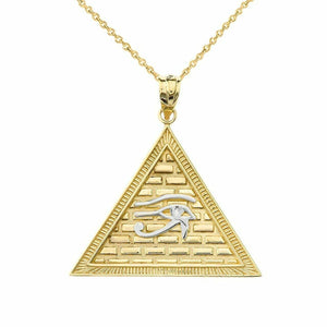 10k Solid Gold Eye Of Horus Pyramid Pendant Necklace In Two Tone Yellow/ White
